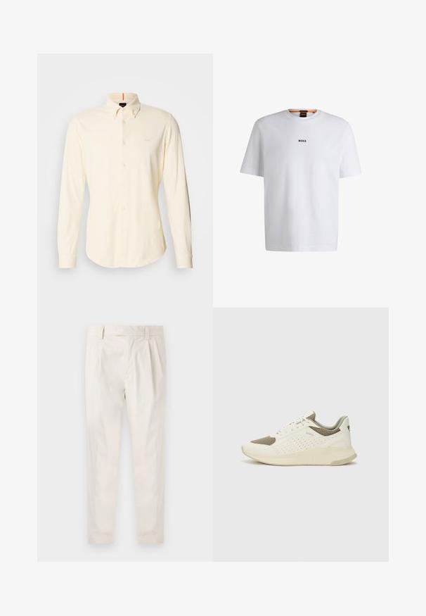 Pikkade varrukatega nööpidega särk heledast beezist puuvillast; särgil on klassikaline krae ja väike logo detail vasakul rinnaülas.; Valge puuvillane T-särk lühikeste varrukatega, millel on must "BOSS" logo, mis on keskendatud rinnale, ja ümmargune kaelaava disain.; Valged volditud püksid, mis on kohandatud sobivusega, sujuva tekstuuriga, vööloopidega ja kitsenevate jalgadega. Pole nähtavaid taskuid ega mustreid.; Valge ja heledat beeži värvi spordijalats, millel on õhuke võrkmaterjal, perforatsioonidega detailid ning tekstuuriga vahetald, millel on brändi logo kannaosas.