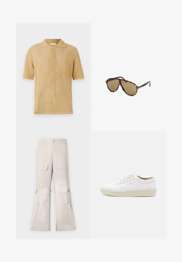 Camicia a maniche corte, con bottoni, in un leggero beige. Presenta un tessuto a maglia aperta e morbida con un motivo testurizzato e un colletto standard.; Pantaloni cargo beige con una vestibilità ampia, dotati di numerose tasche a patta sui lati e chiusura con bottone. Realizzati in un tessuto leggero.; Sneaker bianca in pelle con finitura testurizzata, punta rotonda, suola in gomma beige e sei occhielli per lacci grigi, con un branding discreto sul lato.; Occhiali da sole tartarugati con lenti marroni, stile aviator, caratterizzati da un design elegante della montatura e dettagli metallici sulle aste.