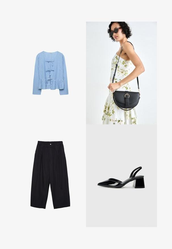 Stradivarius STRIPED WITH BOWS - Blúzka - light blue; Čierne polyesterové culotte nohavice s elastickým pásom, dvoma prednými záhybmi a voľným strihom. Žiadne viditeľné vzory ani detaily z kovu.; Čierne lakované kožené sandálové podpätky s špicatou špičkou a geometrickým blokovým podpätkom. Disponujú elegantným, minimalistickým dizajnom a hladkým povrchom.; Čierna kožená kabelka s zaobleným tvarom, odnímateľným popruhom a zlatými doplnkami. Kabelka má klopu s detailom s prackou.