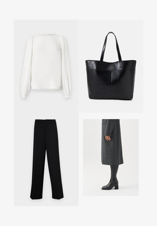 White long-sleeve blouse made from lightweight fabric, featuring a rounded neckline, gathered puff sleeves, and elastic cuffs.; Black wide-leg trousers made of smooth fabric, featuring a classic waistband with a button closure and front pleats.; Gray, tailored overcoat with a straight cut; paired with knee-high black leather boots featuring a square toe and chunky heel.; Black leather tote bag with two long handles, a smooth texture, and a structured shape. Features a front pocket for additional storage.