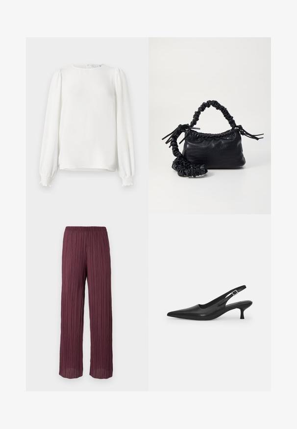 Balta, ilga rankovė bluzonė, pagaminta iš lengvos medžiagos, su apvaliu iškirpimu, susirinkusiomis pūstomis rankovėmis ir elastingomis apykaklėmis.; Giliai bordo spalvos plisuotos kelnės su elastingu juosmeniu, pasižyminčios plačia, laisvai krentančia forma ir vertikaliomis raukšlėmis visame paviršiuje.; Juodos odinės slingback bateliai su smailiu nosiu ir plonu, lenktu kulnu. Yra diskretiška reguliuojama juostelė su metaliniu sagtimi.; Juodas dirbtinės odos rankinė su krokodilo tekstūra, sušnibždinta viršuje ir susikraipytu dirželiu. Atrodo minkšta ir kompaktiška.