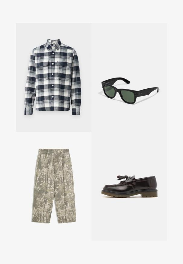 Kockás ing, amely sötétkék és fehér színű anyagból készült. Gombos gallérral, elülső zsebel és hosszú ujjakkal rendelkezik.; Fehér pamut ujjatlan felső kerek nyakkivágással, széles vállpántokkal és egyenes szegéllyel, sima textúrával, látható minták nélkül.; Zöld és bézs álcázó levél- és kéregmintás, széles lábú cargo nadrág, elülső zsebekkel és övhurkokkal.; Barna bőr loaferek szőtt mintával, bojt részlettel és lapos gumitalppal. Simára polírozott felülettel és kontrasztos varrással rendelkezik.; Fekete téglalap alakú napszemüveg zöld lencsékkel, matt felülettel, diszkrét fém részletekkel és dombornyomott logóval a halántékon.