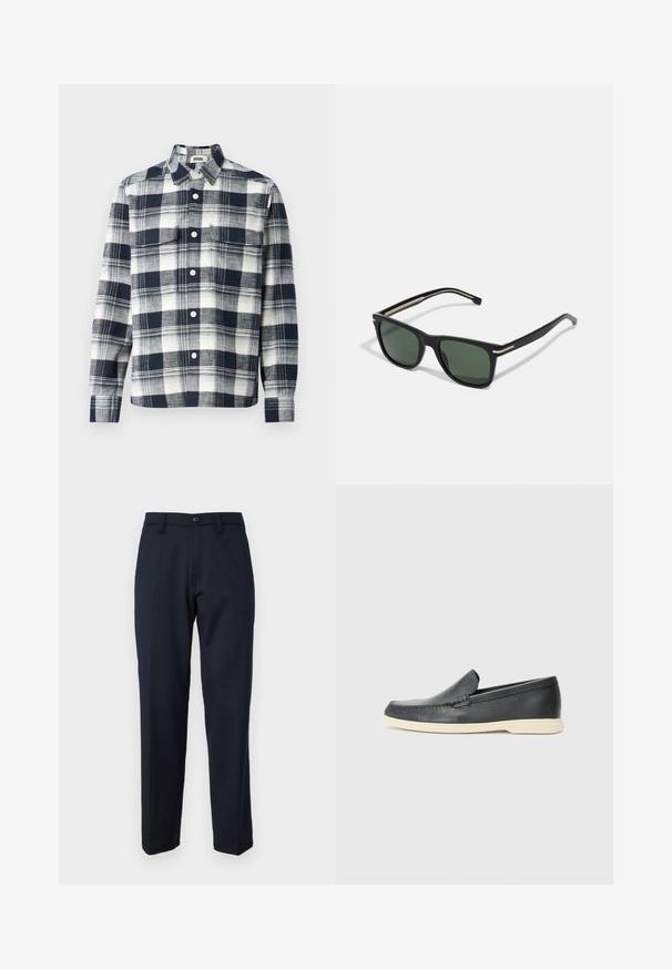 Checkered shirt made of fabric in navy blue and white. Features a button-down collar, front pocket, and full-length sleeves.; Navy blue trousers made of smooth fabric, featuring a front button, straight-leg design, and side pockets. No patterns or embellishments visible.; Black leather slip-on loafers with a textured finish and a contrasting beige rubber sole. Features a subtle accent along the front.; BOSS Sunglasses - black
