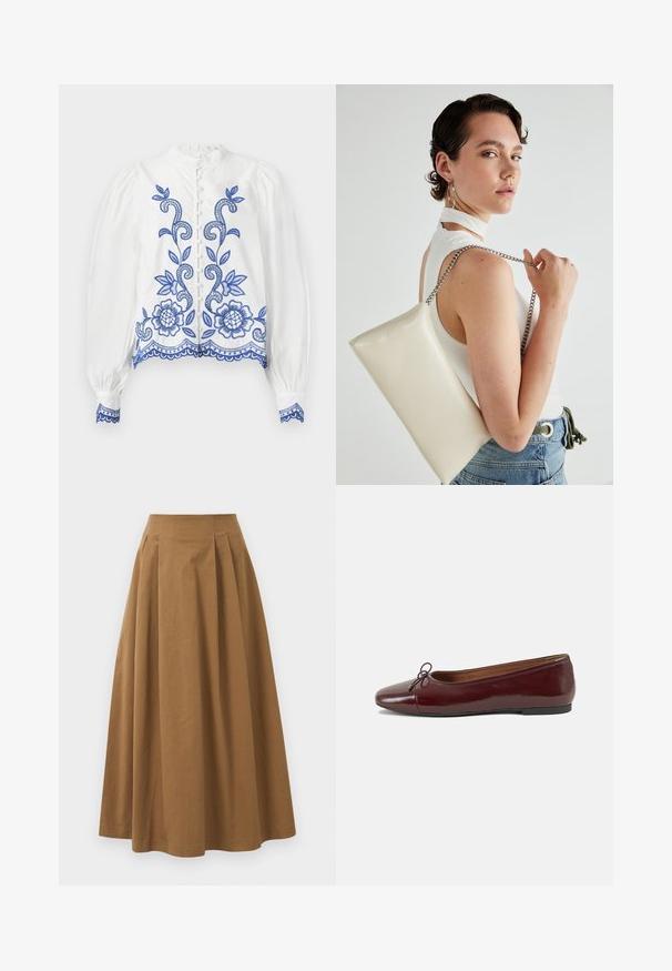 Hvit bluse med blå blomsterbroderi, rund krage og puffede ermer. Har knappelukking og blonder på kanten og mansjettene.; Brun bomull A-linje skjørt med høy midje, med folder foran og en jevn tekstur. Kantene er rene og enkle.; Burgunderrød lakk lær ballettleilighet med rund tå, liten sløyfe foran og en lav, svart gummisåle. Glatt tekstur.; Hvit rektangulær clutch-veske laget av blankt materiale, med en sølvkjede-stropp. Modellen poserer og viser vesken mot en ensfarget bakgrunn.