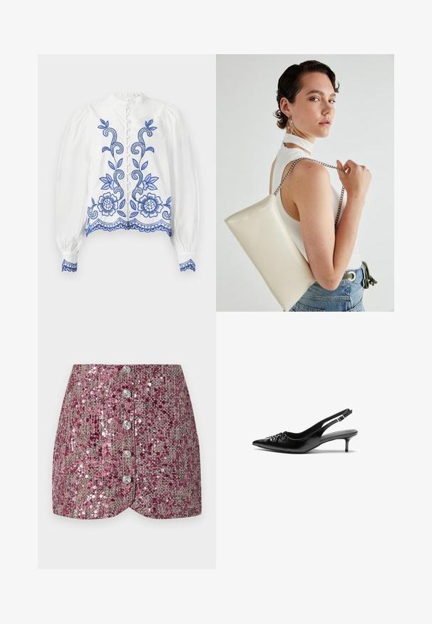 White blouse with blue floral embroidery, rounded collar, and puffed sleeves. Features a button closure and lace trim at the hem and cuffs.; Pink sequin skirt with a textured weave, featuring a fitted design and five silver buttons down the front. Shaped hem and shimmering accents.; Black leather slingback heels with a pointed toe, small kitten heel, and a decorative knot detail on the front. Smooth texture throughout.; White rectangular clutch bag made of glossy material, featuring a silver chain strap. Model poses, showcasing the bag against a plain background.