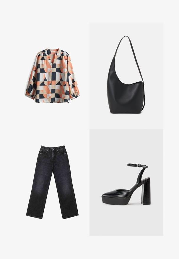 Langärmlige, farblich abgesetzte Bluse mit geometrischen Mustern in Koralle, Marineblau, Creme und Beige. Hergestellt aus leichtem Stoff mit einem V-Ausschnitt.; Hoch taillierte schwarze Jeans aus Denim mit weitem Bein, Fünf-Taschen-Design und sichtbaren Nähten. Der Stoff hat eine glatte, leicht strukturierte Oberfläche.; Schwarze Plateau-High Heels mit spitzem Zeh und verstellbarem Knöchelriemen. Gefertigt aus glattem Leder und mit einem klobigen Blockabsatz.; Schwarze Leder-Hobo-Tasche mit einer glatten Textur, geschwungener Form und einem einzelnen verstellbaren Tragegurt; verfügt über eine weite Öffnung am oberen Ende.