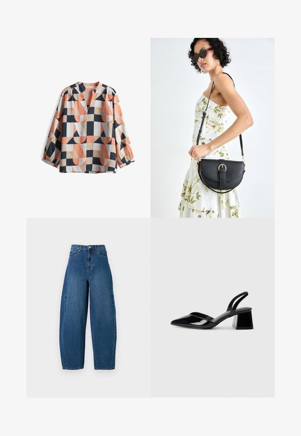 Blusa a maniche lunghe, con blocchi di colore e motivi geometrici in corallo, blu navy, crema e beige. Realizzata in tessuto leggero con scollatura a V.; Jeans in denim con un lavaggio blu medio, caratterizzati da una vita alta, una gamba larga e un design a cinque tasche standard con dettagli di cucitura visibili.; Décolleté in vernice nera con punta affusolata e tacco in geometria cubica. Presentano un design elegante e minimalista, con una texture liscia.; Borsa a tracolla nera in pelle con una forma curva, manico rimovibile e accessori dorati. La borsa presenta una patta con un dettaglio a fibbia.