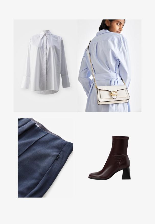 Bílá košile s dlouhým rukávem z hladké bavlněné směsi, která má klasický límec, centrální zapínání na knoflíky a široké manžety.; Námořnické modré kalhoty s texturovanou tkaninou, které mají boční kapsu se zipem a plizovaný detail na pase.; Stradivarius BLOCK - Kotníkové boty - dark red; Bílá kožená kabelka se zlatou kovovou sponou, přední klopou a černými okraji, s řetízkem, který se nosí křížem přes tělo, na světle modrém tričku.