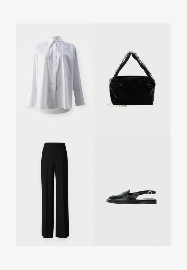 Fehér, hosszú ujjú ing, sima pamut keverékből készült, klasszikus gallérral, középső gombos záródással és széles mandzsettákkal.; Fekete, széles szárú nadrág sima tapintással, magas derékkal és középen pliszével. Nincsenek látható minták vagy fém részletek.; Fekete bőr szandál cipő, lekerekített orral, lapos talppal, oldalsó kivágással és aranyszínű díszítéssel ellátott pánttal.; Fekete műbőr kézitáska texturált felülettel, amelyen gyöngyökkel díszített ezüstszínű kiegészítő található a felső fogantyún, valamint láncos pánt.; Ezüst szív alakú lakatok, amelyeken vésett "IGEN" és "NEM" feliratok találhatók, polírozott felület, szimmetrikus kialakítás és robusztus fémcsat.