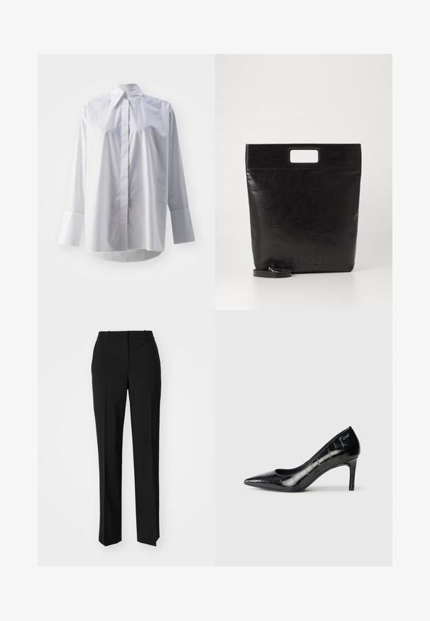 Camisa blanca de manga larga en una suave mezcla de algodón, con un cuello clásico, cierre central de botones y puños anchos.; Pantalones negros ajustados con un diseño de pierna recta, que presentan una textura suave y pliegues nítidos en el frente. Sin herrajes visibles.; Zapatos de tacón alto negros de punta afilada con un acabado brillante y un sutil patrón texturado. Cuentan con un tacón moderado y un diseño de escote abierto.; Bolsa tote de cuero negro con un asa cuadrada, que presenta un acabado texturizado y un logo en relieve. Incluye una correa desmontable.