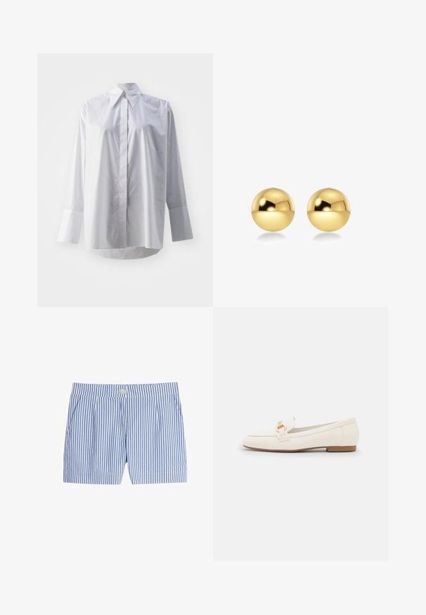 Biała, długozasłonowa koszula z gładkiej mieszanki bawełny, z klasycznym kołnierzykiem, środkowym zapięciem na guziki i szerokimi mankietami.; Niebieskie i białe szorty w paski z zapięciem na guzik, plisami i gładką fakturą materiału. Krótki krój z bocznymi kieszeniami.; Białe skórzane mokasyny z płaską podeszwą, z detalem w postaci złotego zapięcia i gładkim wykończeniem. Klasyczny design o prostych liniach.; Złote, sferyczne kolczyki o błyszczącej, refleksyjnej powierzchni. Ich design jest prosty i gładki, co tworzy nowoczesny, minimalistyczny wygląd.