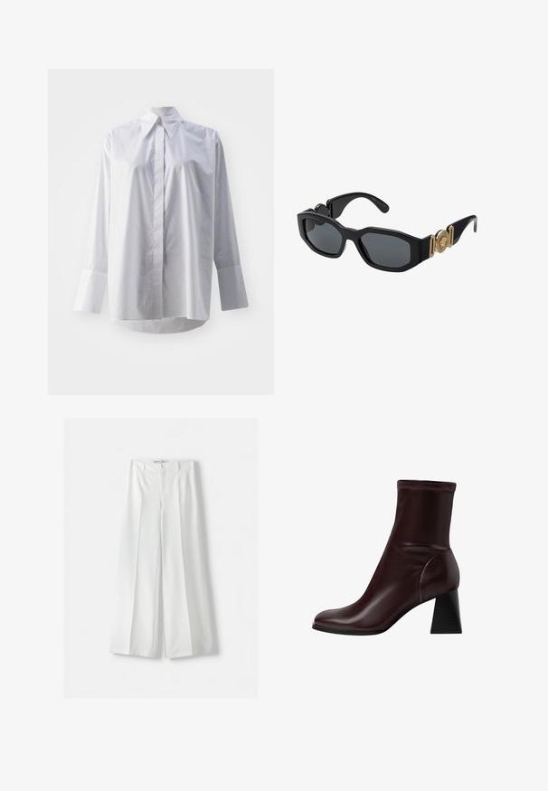 Weißes Langarmhemd aus einem glatten Baumwollgemisch, mit klassischem Kragen, zentralem Knopfverschluss und breiten Manschetten.; Bershka WIDE-LEG TAILORED - Stoffhose - white; Stradivarius BLOCK - Stiefelette - dark red; Schwarze Sonnenbrille mit einem massiven geometrischen Rahmen, dunklen Gläsern und goldenen Metallelementen an den Bügeln, die ein rundes Emblemdetail aufweisen.; Weiße Lederhandtasche mit goldenen Beschlägen, einer Klappe an der Vorderseite und schwarzem Rand, ausgestattet mit einer Kettenriemen, der quer über den Körper getragen wird, kombiniert mit einem hellblauen Hemd.