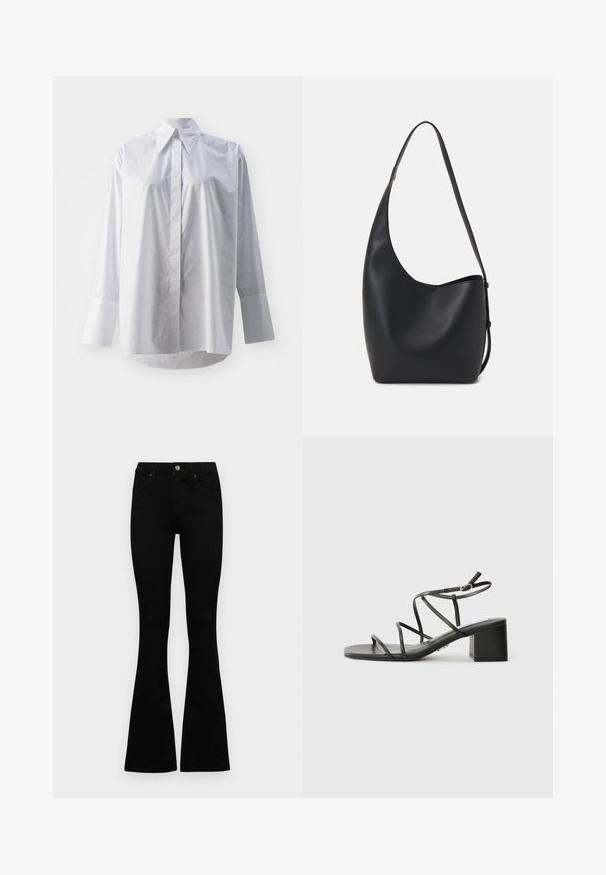 Cămașă albă cu mâneci lungi, dintr-un amestec de bumbac fin, având un guler clasic, închidere centrală cu nasturi și manșete late.; Jeans negri cu talie înaltă, cu închidere prin nasture și fermoar, buzunare frontale și picioare evazate, așezați pe un fundal alb.; Sandale negre cu bretele cu vârf pătrat și toc gros, realizate dintr-un material neted. Dispun de curele reglabile la gleznă și hardware minim.; Geantă hobo din piele neagră, cu o textură netedă, formă curbată și un singur bretele ajustabil; are o deschidere largă în partea de sus.