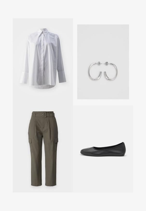 Biała, długozasłonowa koszula z gładkiej mieszanki bawełny, z klasycznym kołnierzykiem, środkowym zapięciem na guziki i szerokimi mankietami.; Spodnie cargo w oliwkowym kolorze, wykonane z lekkiego materiału. Cechy to pasek w talii, fałdy z przodu oraz boczne kieszenie z klapkami.; Czarne skórzane baletki z zaokrąglonym noskiem, gładką fakturą, minimalnymi przeszyciami i elastycznym designem podeszwy.; Srebrne kolczyki na biglu o gładkim, błyszczącym wykończeniu. O zaokrąglonym kształcie, lekkim designie, z zamknięciem na zatrzask.
