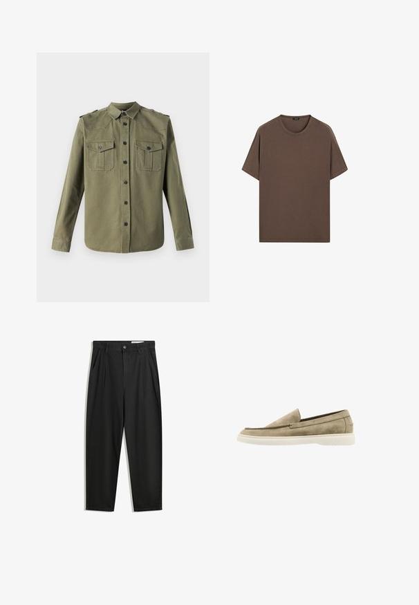 The Kooples - Koszula; Brązowa bawełniana koszulka z okrągłym dekoltem i krótkimi rękawami. Prosty design, wyrównana faktura i luźny krój. Brak wzorów czy akcentów.; Czarne bawełniane spodnie o luźnym kroju, z klasycznym pasem, przednimi plisy oraz bocznymi kieszeniami. Gładka struktura, bez wzorów.; Jasno beżowe zamszowe buty wsuwane z okrągłym noskiem, przeszyciami i białą gumową podeszwą. Prosty design o gładkiej fakturze.