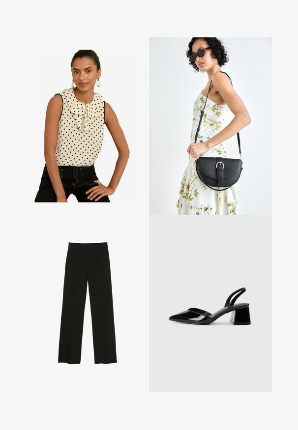 Ärmellose Bluse in Creme mit schwarzen Punkten, ausgestattet mit einem großen, rüschigen Kragen und schwarzem Besatz. Kombiniert mit hochgeschnittenen schwarzen Jeans.; Schwarze weit geschnittene Hosen aus glattem Stoff, ausgestattet mit einem taillierten Bund und dezenten vorderen Falten für zusätzliche Struktur.; Schwarze Lackleder-Slingback-High Heels mit spitzem Schuh und einem geometrischen Blockabsatz. Verfügt über ein schlankes, minimalistisches Design und eine glatte Textur.; Schwarze Lederhandtasche mit geschwungener Form, abnehmbarem Tragegurt und goldenen Beschlägen. Die Tasche verfügt über einen Deckel mit einer Schnallen-Details.