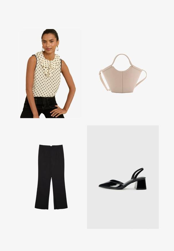 Top senza maniche in crema con pois neri, dotato di un ampio colletto arricciato e rifiniture nere. Abbinato a jeans neri a vita alta.; Pantaloni neri a gamba dritta, con tasche frontali e spacchi laterali all'orlo. Realizzati in tessuto morbido e liscio. Adatti a diverse occasioni.; Décolleté in vernice nera con punta affusolata e tacco in geometria cubica. Presentano un design elegante e minimalista, con una texture liscia.; Borsa in pelle beige con una forma unica, caratterizzata da due manici corti e una lunga tracolla regolabile. Texture liscia con hardware minimale.