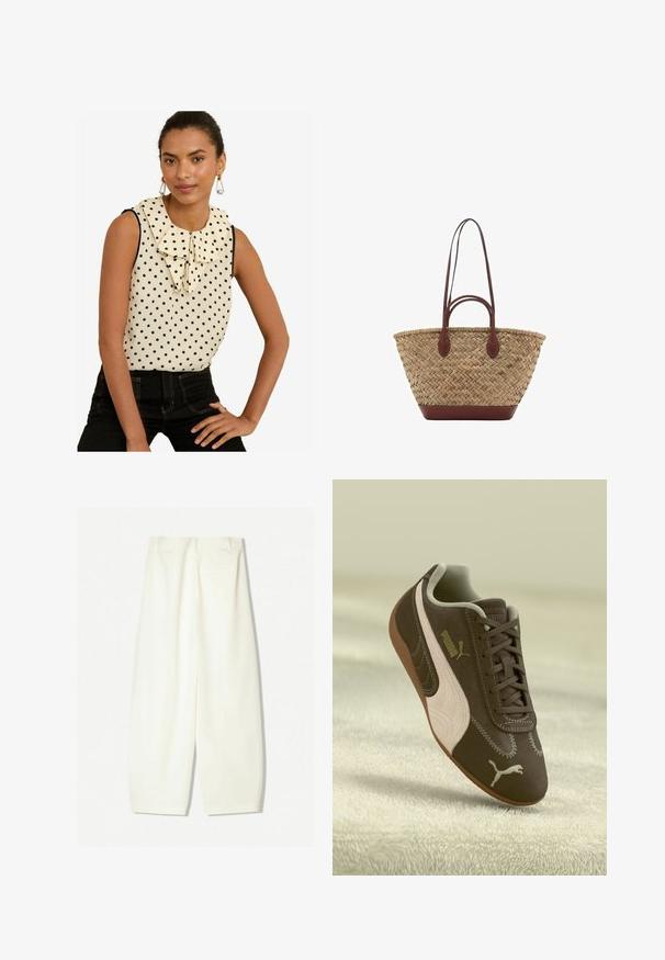 Top bez rukávov v krémovej farbe s čiernymi bodkami, s veľkým volánovým golierom a čiernymi detailmi. Skombinovaný s čiernymi džínsami s vysokým pásom.; Bavlnené nohavice s širokými nohavicami v jemnej krémovej farbe, s hladkým povrchom, prednými vreckami a voľným strihom s pásom strednej výšky.; Hnedé tenisky Puma so béžovým pruhom a logom, šnurované, odpočívajúce na textúrovanom béžovom povrchu.; Tkána slamenná taška s prepletenou textúrou, tmavohnedé kožené rúčky a dno, široký obľúkový tvar a otvorený dizajn na vrchu.