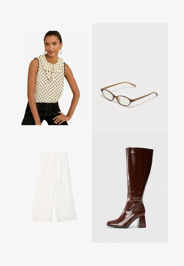 Top bez rukávov v krémovej farbe s čiernymi bodkami, s veľkým volánovým golierom a čiernymi detailmi. Skombinovaný s čiernymi džínsami s vysokým pásom.; Biele široké nohavice vyrobené z hladkej látky. Majú plochý pás a vertikálne skladania pre zvýraznenie detailu.; Hnedé lodičky z patentovanej kože po kolená so štvorcovou špičkou, lesklým povrchom a robustným podpätkom pre stabilitu. Bezšvový dizajn bez viditeľných prvkov.; Hnedé želvovinové okuliare s oválnymi sklíčkami, tenkými ramenami a priesvitnými akcentmi. Obsahujú jemný logo na stranici. Štýlový, ľahký dizajn.