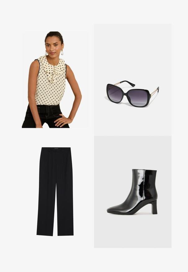 Srajca brez rokavov v kremni barvi s črnimi pikami, z velikim volančastim ovratnikom in črnimi robovi. Kombinirana z visokim črnim džinsom.; Črne hlače s ravnim krojem, ki imajo dva sprednja žepa in pas. Narejene so iz gladkega, lahkega materiala.; Črne lakirane gležnjarje z ošiljenim nosom in srednje visokim blokastim peto. Gladka tekstura in minimalističen dizajn.; Črne prevelike sončne očala z degradacijskimi lečami, debelimi okvirji in zlatimi verižicami na ročajih.; Črna torbica z strukturirano obliko, gladko teksturo in kovinskim zaponko. Ujemajo se z širokimi črnimi hlačami in odprtimi sandali na lesenem tleh.