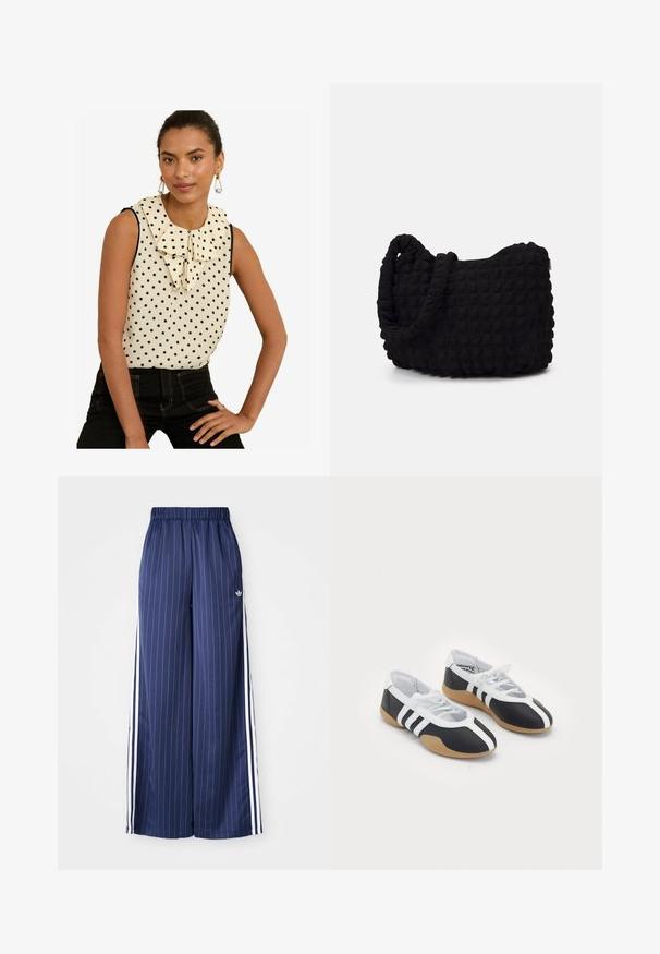 Kreemist ilma varrukateta pluus mustade täppidega, millel on suur volangdega krae ja must äär. Kombineeritud kõrge vöökohaga mustade teksadega.; Tumedate sinised laiad püksid, millel on vertikaalsed valged triibud, elastne vöökoht ja kolm valget triipu igal küljel, valmistatud kergest materjalist.; Mustvalged spordijalatsid, millel on sile disain, kummist tald, paeltest kinni tõmmatav sulgur ja kolm valget triipu külgedel.; Must mustkott, millel on tekstuuriga tikitud muster. Ümar kuju, lühikesed ja jämedad sangad ning pehme, paindlik struktuur.