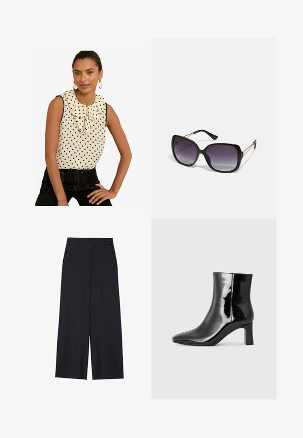 Ujj nélküli krém színű blúz fekete pöttyökkel, nagyméretű rojtos gallérral és fekete díszítéssel. Magas derekú fekete farmernadrággal párosítva.; Sötét tengerészkék, széles lábú nadrág, sima textúrával, elől redőkkel és díszes, aranyszínű szélekkel a zsebeknél.; Fekete lakk bőrcipő bokáig érő, hegyes orral és közepes magasságú tömbsarokkal. Simább textúrával és minimalista dizájnnal rendelkezik.; Fekete, oversize napszemüveg fokozatos árnyalatú lencsékkel, vastag kerettel és arany színű lánc díszítéssel a szárakon.; Fekete kézi táska strukturált formával, sima textúrával és fémből készült záródással. Széles fekete nadrággal és nyitott orrú szandállal párosítva, fából készült padlón.