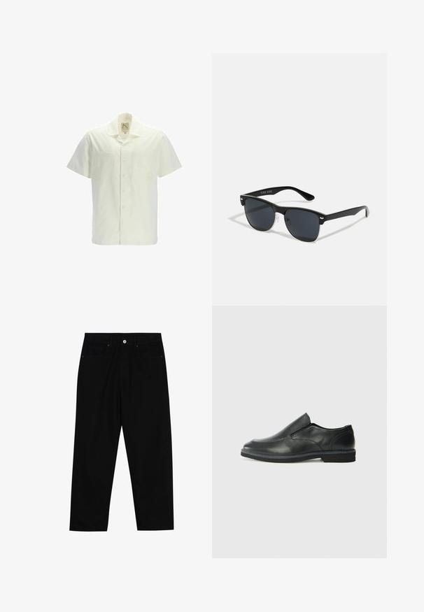 Korte mouw shirt in gebroken wit katoen, met een knoopsluiting aan de voorkant, twee borstzakken en een klassieke kraag. Gladde textuur zonder patronen.; Zwarte denim broek met een recht gesneden pasvorm, vijf gebruikersvriendelijke zakken en een sluiting met een knoop aan de voorkant. Soepele textuur met minimale stikdetails.; Zwarte leren instapper met een soepele bovenkant, gestikte accenten, ronde neus en een lage rubberen hak. De zool heeft minimale profiel.; Zwarte zonnebril met een rechthoekige vorm, donkere lenzen, zilveren accenten bij de slapen en een matte afwerking op het montuur.