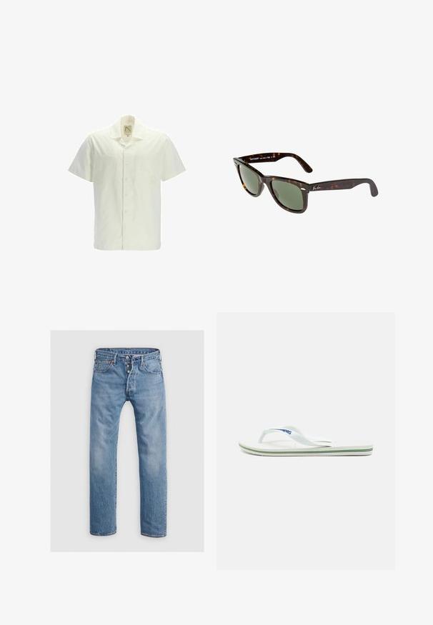 Korte mouw shirt in gebroken wit katoen, met een knoopsluiting aan de voorkant, twee borstzakken en een klassieke kraag. Gladde textuur zonder patronen.; Lichtblauwe denim jeans met een recht gesneden ontwerp, vijf zakken en een knoopsluiting. Voorzien van subtiele vervaging en stikselaccenten.; Witte flip-flops met een gestructureerde voetbed, slanke bandjes en een veelkleurige accentlijn op de zool. Voorzien van een logo op het bandje.; Wayfarer zonnebrillen met een donker schildpad kunststof frame, groene lenzen en een zilveren Ray-Ban logo op de poot.