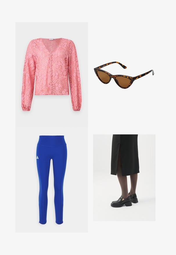 Roze kanten blouse met lange mouwen, diepe V-hals en knoopsluiting aan de voorkant. Het bloemenpatroon en de gestructureerde stof zorgen voor een delicate uitstraling.; Langsleeve coltrui gemaakt van donkerbruin stof. Heeft een aansluitend ontwerp en een gladde textuur zonder zichtbare patronen of hardware.; Blauwe sportleggings met een hoge taille, gemaakt van rekbaar materiaal, met een wit logo op de linkerdij en discrete zomen.; Zwarte leren schoenen met een ronde neus, dikke blokhak en elastische zijkanten, gecombineerd met donkere panty's en een zwarte rok met een split.; Cat-eye zonnebril met een zwart en oranje schildpadframe, bruine lenzen en slanke, puntige uiteinden. Bevat een minimalistisch logo op de poot.