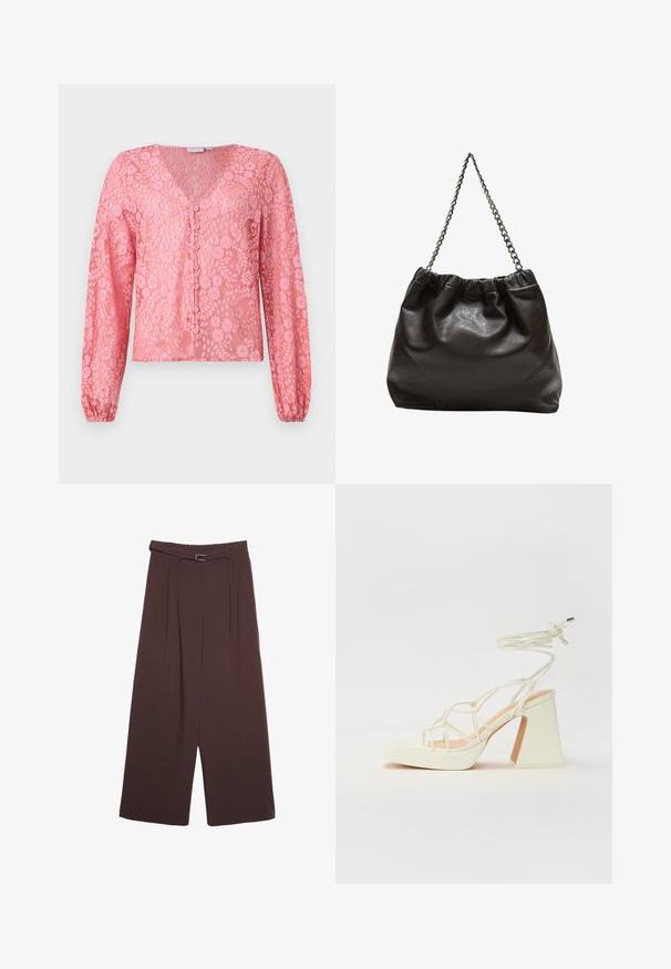 Lyserød blondebluse med lange ærmer, dyb V-udskæring og knaplukning foran. Blomstermønsteret og den teksturerede stof giver et delikat udseende.; Stradivarius WIDE-LEG WITH BUCKLE DETAIL - Bukser - dark brown; Hvide højhælede sandaler med en kraftig hæl, der har et stropdesign og ankelbinding. Glat tekstur med en platform foran for ekstra højde.; Brun lædertaske med en rynket top og en kædestrop. Glat tekstur med en blank finish og subtile sømdetaljer på siderne.