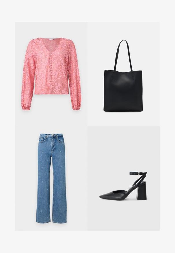 Roosa pitsbluus pika varrukaga, sügava V-kaelusega ja nööbiga ees. Lillemuster ja tekstureeritud kangas loovad õrna välimuse.; Sinine kõrge vöökoht ja sirge jalgadega teksapüksid, millel on väiksed valged lilleline tikandid hajutatud kogu kangale.; Mustmustest must-käigukingad, millel on konksuga nöör ja paks konts. Ühtlane tekstuur, stiilne disain ja minimalistlik esteetika.; Mustast nahast kott sujuva tekstuuriga, ristkülikukujuline ja kahe pika sangaga. Pole nähtavat riistvara ega kaunistusi.