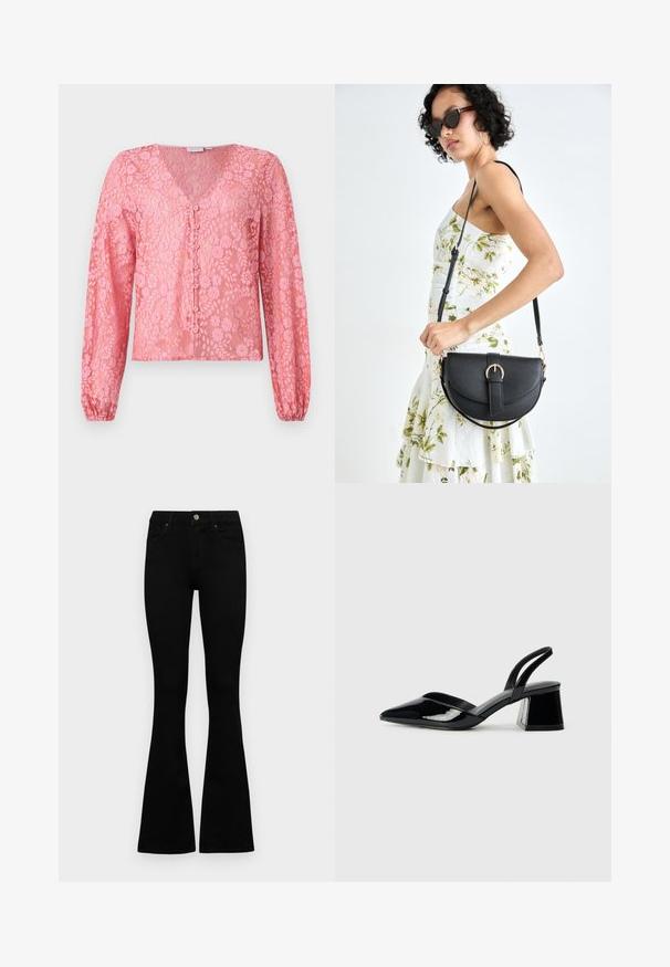 Roza čipkasta bluzica z dolgimi rokavi, globokim V-izrezom in gumbastim zapiranjem spredaj. Cvetlični vzorec in teksturiran material ustvarjata nežen videz.; Črne visokotopne kavbojke z gumbom in zadrgo, sprednjimi žepi in razširjenimi hlačnicami, poleg bel background.; Črne lakirane slingback pete s koničastim nosom in geometrijsko blokasto peto. Imajo eleganten, minimalističen dizajn in gladko teksturo.; Črna usnjena torbica s ukrivljeno obliko, z odstranljivo naramnico in zlatimi dodatki. Torbica ima pokrov s podrobnostmi v obliki zaponke.