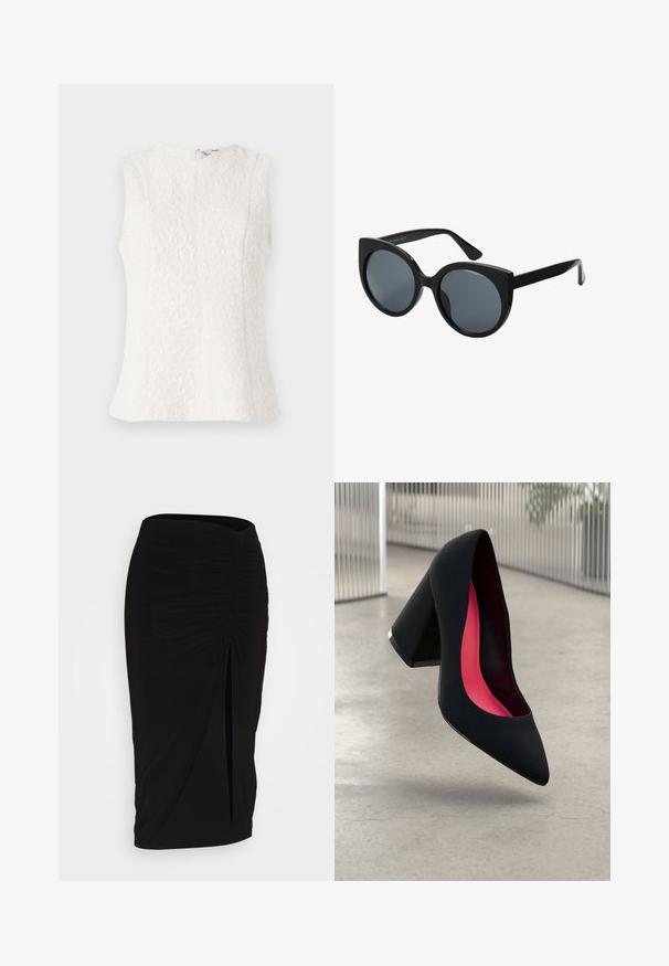 White sleeveless top made of textured fabric with floral pattern; features a back zipper and a slightly flared hem.; Black, ruched pencil skirt with tie detail and a side slit. Made from a stretchy fabric, featuring a smooth texture and form-fitting design.; Black high-heeled shoe with a pointed toe and a textured upper. Interior features bright pink lining. Square heel with metallic accent at the base.; Black oversized sunglasses with cat-eye shape, dark tinted lenses, and glossy plastic frame. Features thick temples for support.; Silver metallic clutch with an angular envelope design, smooth texture, and contrasting interior color, held in a hand wearing a black coat.