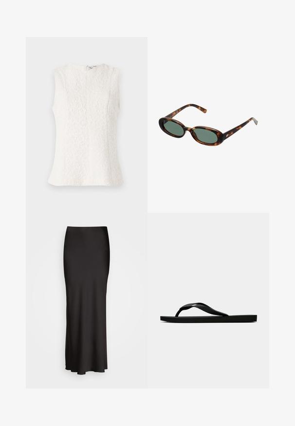 Top senza maniche bianco realizzato in tessuto strutturato con motivo floreale; presenta una cerniera sul retro e un orlo leggermente svasato.; Gonna in satin nera, lunga fino al pavimento, con una texture liscia, vita aderente e silhouette a forma di A, priva di decorazioni visibili o fantasie.; Infradito in gomma nera con cinturino testurizzato e suola piatta semplice, mostrati di lato su uno sfondo chiaro e uniforme.; Occhiali da sole tartarugati con montatura ovale e lenti verdi. Presentano aste sottili con un accento metallico vicino alle cerniere.
