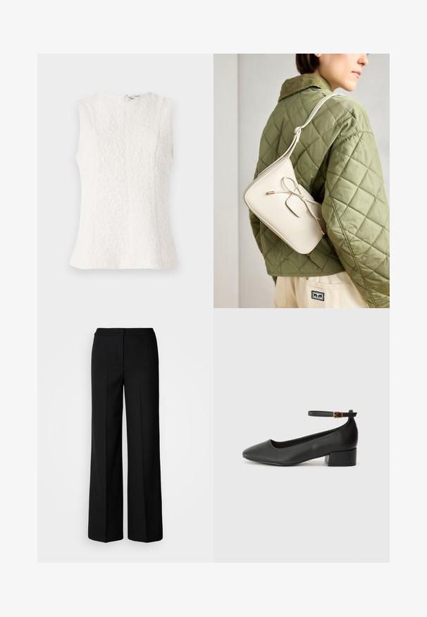 Hvit ermeløs topp laget av teksturert stoff med blomstermønster; har en glidelås bak og en litt utsvingt kant.; Svarte vide bukser med et glatt stoff, med høy livvidde, skreddersydde sømmer og et minimalistisk design. Ingen synlig maskinvare eller lommer.; Sorte skinnpumper med spiss tå og lav blokkhelt. Har ankelrem med gullfarget spenne. Glatt tekstur.; Beige skinnveske med en sløyfedetalj, gullhardware og en justerbar stropp, båret over en grønn quiltet jakke.
