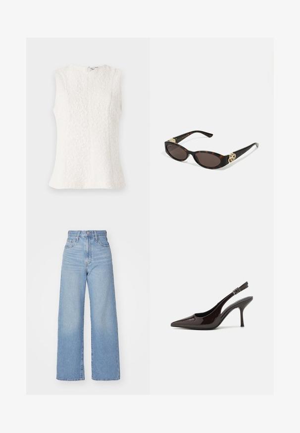 Biały top bez rękawów wykonany z teksturowanej tkaniny w kwiatowy wzór; posiada zamek z tyłu i lekko rozkloszowany dół.; Jasnoniebieskie jeansy z wysokim stanem i szerokimi nogawkami, z zapięciem na guziki i zamek z przodu, przednie i tylne kieszenie, na białym tle.; Sandały na obcasie typu slingback z błyszczącej ciemno-brązowej lakierowanej skóry, w szpic, z otwartymi bokami i regulowanym paskiem wokół kostki.; Słoneczne okulary w kolorze żółwi z wydłużonymi owalnymi soczewkami, brązowym odcieniem, złotymi akcentami logo na zausznikach oraz smukłymi czarnymi ramionami.