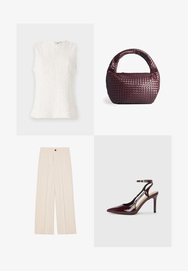 Baltā bezpiedurkņu blūze, izgatavota no faktūrēta auduma ar ziedu rakstu; tai ir aizmugurējais rāvējslēdzis un nedaudz izplestais apakšmala.; Augsta vidukļa, plaša kāju bikses krēmkrāsā audumā, ar divām sānu kabatām, vienu priekšējo pogu un priekšējiem krokām papildu detaļai.; Burgundijas laku ādas augstpapēžu kurpes ar smailu purngalu, potītes siksniņu un izgriezumiem sānos. Gluda un spīdīga apdare.; Austies sarkanais rokassoma ar apaļu formu, biezu rokturi un teksturētu ādu. Izceļas ar gludu, spīdīgu virsmu un rāvējslēdzēja aizdari.