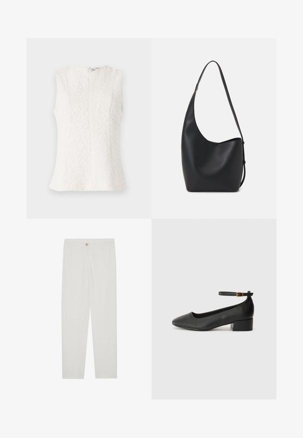 Top senza maniche bianco realizzato in tessuto strutturato con motivo floreale; presenta una cerniera sul retro e un orlo leggermente svasato.; Pantaloni bianchi su misura con design a gamba dritta, dotati di chiusura a bottone, passanti per cintura e tasche laterali; tessuto morbido.; Pump in pelle nera con punta affusolata e tacco basso a blocco. Presenta una cinghia alla caviglia con una fibbia in tonalità oro. Texture liscia.; Borsa hobo nera in pelle con una superficie liscia, forma curvata e una singola tracolla regolabile; presenta un'ampia apertura nella parte superiore.