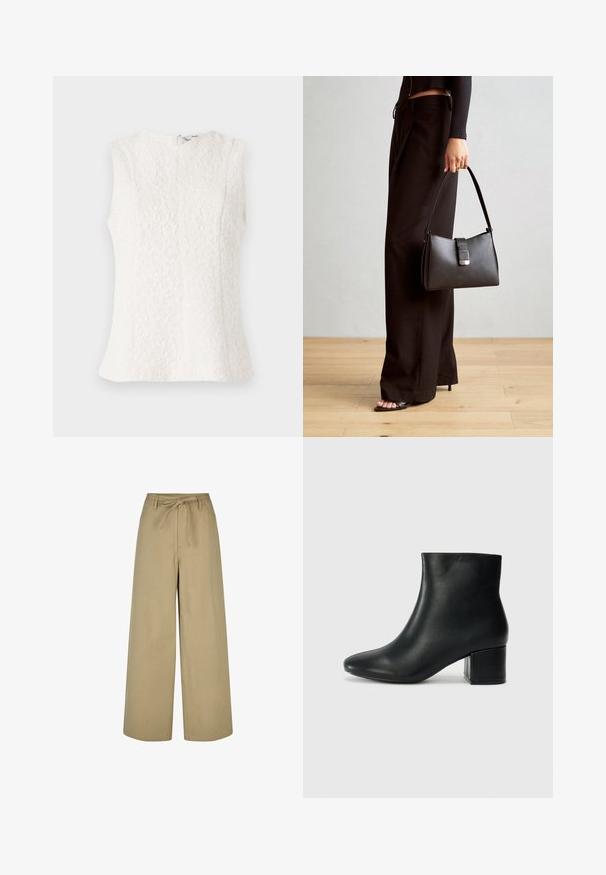 Biela bezrukávová blúzka vyrobená z textúrovanej látky s kvetinovým vzorom; má zips na zadnej strane a mierne rozšírený lem.; Béžové široké nohavice s vysokým pásom, sťahovacou šnúrkou a dvoma bočnými vreckami, vyrobené z hladkej, ľahkej tkaniny.; Čierne kožené členkové čižmy s špicatou špičkou a hrubým podpätkom. Hladká textúra s minimálnymi akcentmi a elegantným, priliehavým dizajnom.; Čierna kabelka so štruktúrovaným tvarom, hladkou textúrou a kovovou sponou. V kombinácii so širokými čiernymi nohavicami a sandálmi s otvorenou špičkou na drevenej podlahe.