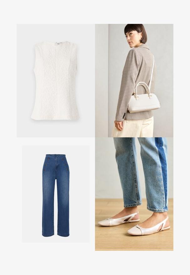 White sleeveless top made of textured fabric with floral pattern; features a back zipper and a slightly flared hem.; High-waisted denim jeans in medium blue. Features front button accents and wide-leg design. Fabric has a smooth texture with slight fading.; Pale pink slingback flats with a pointed toe, made from a smooth leather-like material. Features cut-out details at the sides and a flat heel.; White structured handbag with short handles and a shoulder strap, featuring gold hardware accents and textured material, displayed against a grey background.