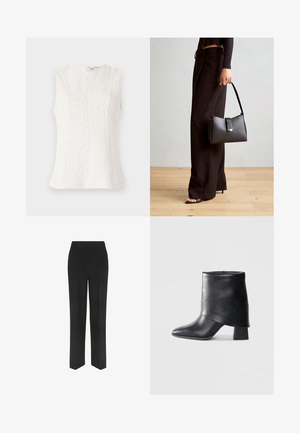 Hvid ærmeløs top lavet af struktureret stof med blomstermønster; har en lynlås i ryggen og en let udvidet kant.; Sorte bukser med lige ben-design, der har en simpel talje og ingen synlige lommer, præsenteret mod en hvid baggrund.; Sort læder ankelstøvle med spids tå, glat tekstur og en struktureret blokhæl. Har et højt, foldet kravedesign.; Sort håndtaske med struktureret form, glat overflade og metalspænde. Sammen med brede sorte bukser og sandaler med åben tå på trægulv.