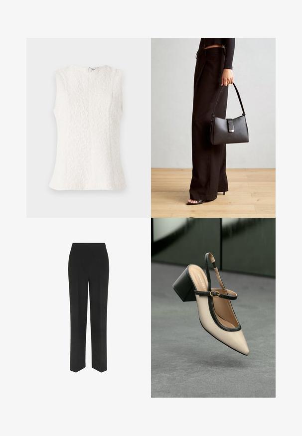 Hvid ærmeløs top lavet af struktureret stof med blomstermønster; har en lynlås i ryggen og en let udvidet kant.; Sorte bukser med lige ben-design, der har en simpel talje og ingen synlige lommer, præsenteret mod en hvid baggrund.; Beige spids tå slingback sko med sort kant, guld spænde og en chunky blokhæl på grå gulv med mørkegrøn baggrund.; Sort håndtaske med struktureret form, glat overflade og metalspænde. Sammen med brede sorte bukser og sandaler med åben tå på trægulv.