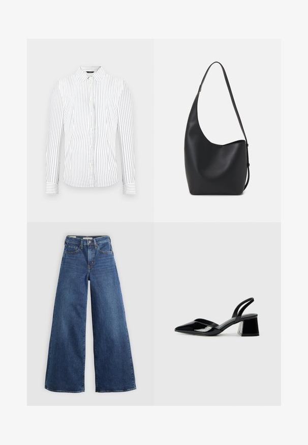 Chemise blanche à manches longues avec des fines rayures verticales noires et un col pointu.; Jean en denim bleu à jambes larges avec cinq poches, une fermeture à bouton et des coutures contrastées, offrant une finition douce et texturée.; Escarpins en cuir verni noir avec bout pointu et talon bloc géométrique. Présente un design élégant et minimaliste ainsi qu'une texture lisse.; Sac hobo en cuir noir avec une texture lisse, une forme incurvée et une seule sangle réglable ; dispose d'une large ouverture en haut.