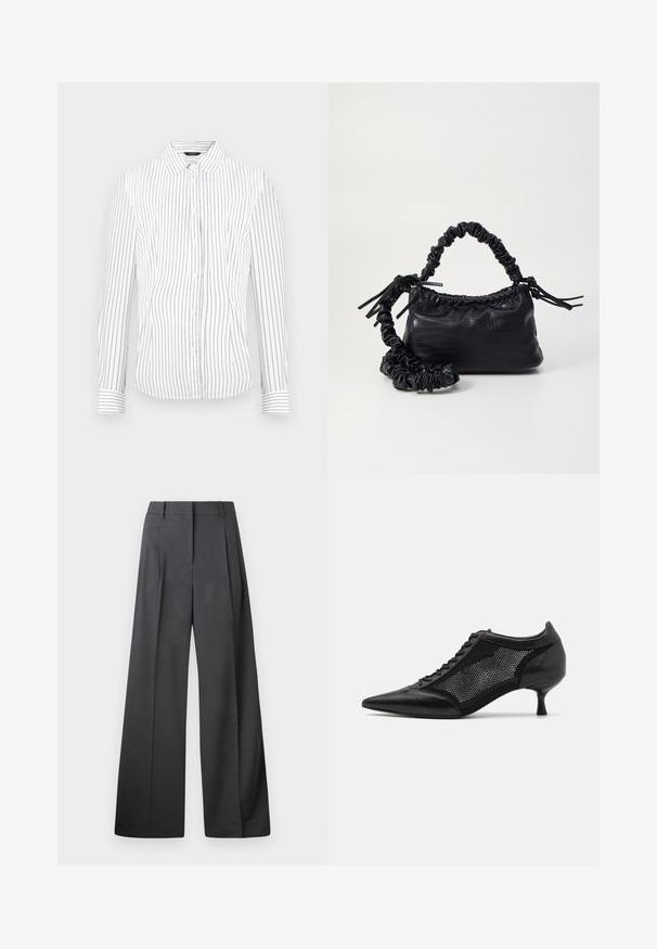 Biela blúzka s dlhým rukávom, zapínaná na gombíky, s tenkými vertikálnymi čiernymi pruhmi a špicatým golierom.; Nohavice s širokými nohavicami z tmavošedej látky, s vysokým pásom, jedinými záhybmi a hladkou textúrou s čistým zakončením na lemoch.; Čierna topánka s ostrou špičkou a sieťovaným panelom, s nízkym opätkom a šnurovaním vpredu. Vyrobená z kombinácie kože a sieťoviny.; Čierna umelá kožená kabelka s kroko vzorom, sťahovaným vrchom a zhnutým popruhom. Vyzerá mäkko a kompaktné v dizajne.