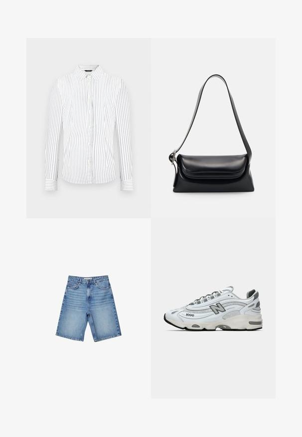 Chemise blanche à boutons avec des rayures verticales bleu marine, manches longues, col pointu et ourlet arrondi. Boutons jaunes.; Shorts en jean bleu clair, arborant un design classique à cinq poches, une fermeture à glissière et un léger effet délavé. Coupe droite avec des bords ourlés.; Baskets de sport blanches avec accents gris, en matériaux en mesh et synthétiques, design en vagues, col rembourré et semelle en caoutchouc avec bande de roulement noire.; Sac à main en cuir noir avec une forme structurée, une texture lisse et une seule bandoulière. Présente un design de rabat arrondi et subtil.