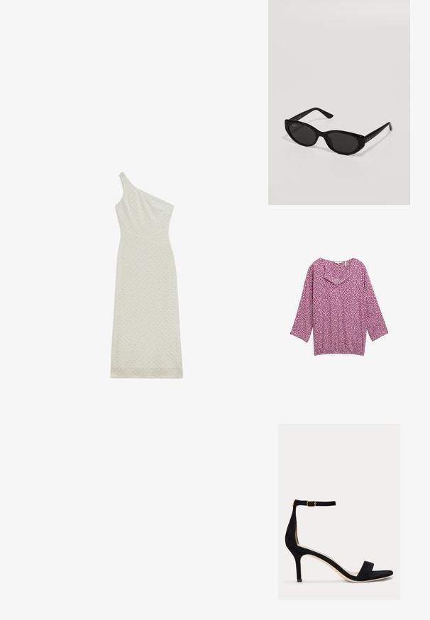 Paarse top met een relaxte fit, 3/4 mouwen en een notch-kraag met een klein bladerenpatroon in donkerdere tinten. Lichtgewicht stof met een zachte textuur.; Een mouwloze, aansluitende midi-jurk van een gestructureerde crèmekleurige stof met een subtiel patroon en een diagonaal gesneden zoom.; Lauren Ralph Lauren ALLIE MID HEEL SUEDE SANDAL - Sandalen - black; Zwarte zonnebril met een smal, kattenoogvorm. Gemaakt van glad plastic, met donkere glazen en subtiele logo-accenten op de veren.; Zilveren ketting met een delicate schakels en een ovaal hangertje met verfijnde details en een kleine edelsteentjes accent.