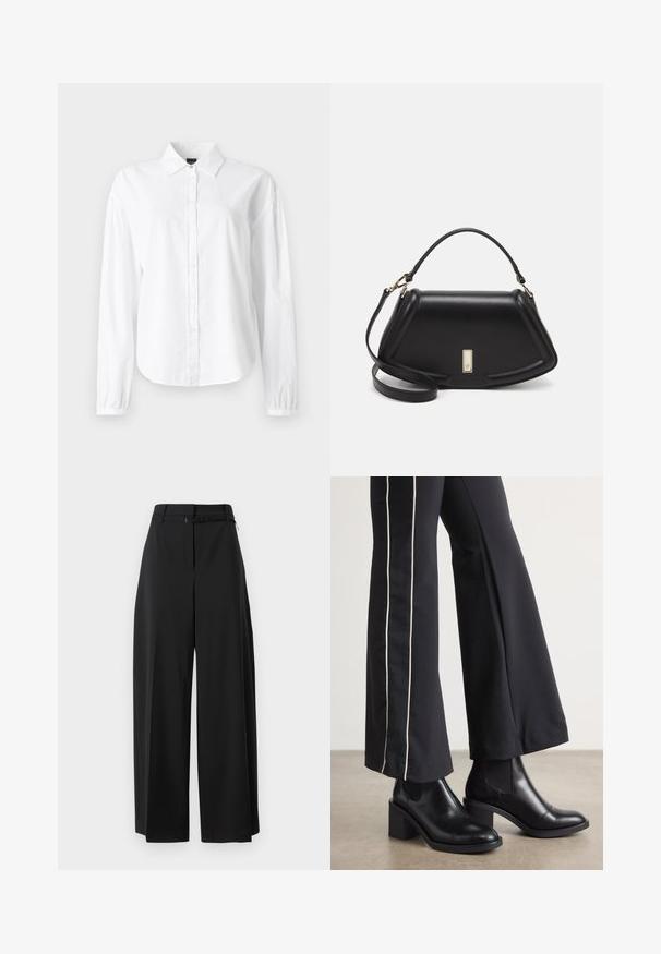 Biała koszula z długim rękawem z kołnierzykiem, na guziki z przodu oraz ściąganymi mankietami. Wykonana z miękkiego, lekkiego materiału o gładkiej fakturze.; Czarne spodnie o szerokich nogawkach z wysokim stanem i paskiem. Charakteryzują się gładką teksturą i czystymi liniami, zaprojektowane z myślą o luźnym kroju.; Czarne skórzane botki za kostkę na słupku, z elastycznymi panelami po bokach. Połączone z czarnymi spodniami z białym paskiem po boku.; Czarna skórzana torebka o strukturalnym designie, z przyciętą formą, górnym uchwytem i złotymi akcentami. W zestawie regulowany pasek na ramię.
