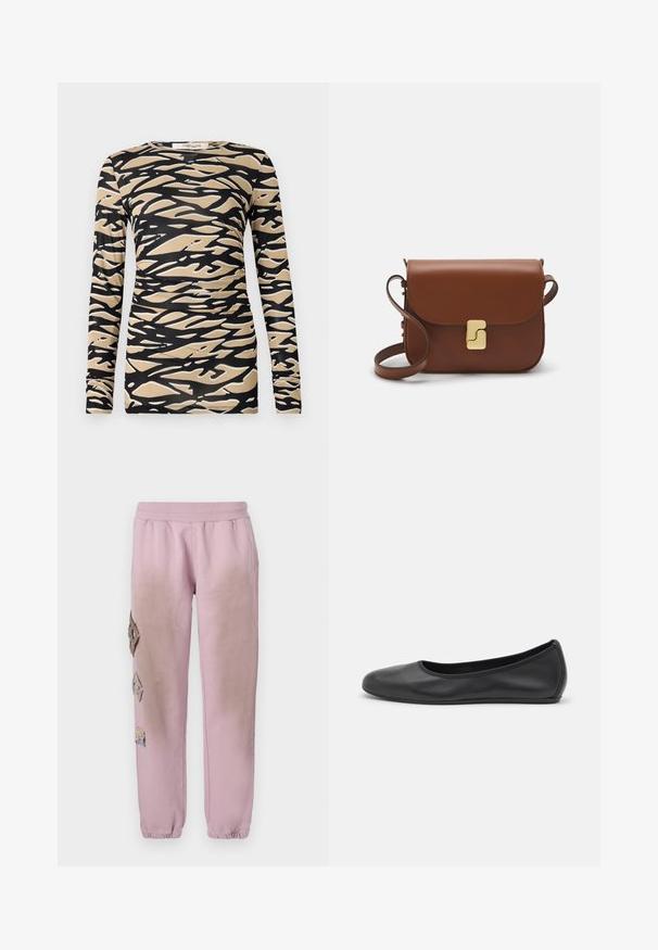 Pitkähihaisen yläosan musta-beige abstractaalinen aalto-kuvio sujuvalla, joustavalla kankaalla. Muotoiltu malli, jossa pyöreä kaula-aukko ja kapeat hihat.; Valkoinen lyhythihainen t-paita, joka on valmistettu ribbytedusta kankaasta. Pyöreä pääntiie, normaali istuvuus ja hienovaraiset ompeluyksityiskohdat. Ei kuvioita tai grafiikkaa.; Vaaleanpunaiset hikoiluhousut, joissa on joustava vyötärö, ja vasemmalla puolella koristeellisia timantinmuotoisia alueita, sekä joustavat hihnat nilkoissa.; Musta nahkainen ballerina, jossa on pyöristetty kärki, sileä pinta, minimaalinen ommelkoristelu ja joustava pohjamuotoilu.; Ruskea nahkainen käsilaukku, jossa on läppäkiinnitys, kultasävyiset yksityiskohdat, olkahihna ja sileä pinta. Kompaktin suorakaiteen muotoinen.