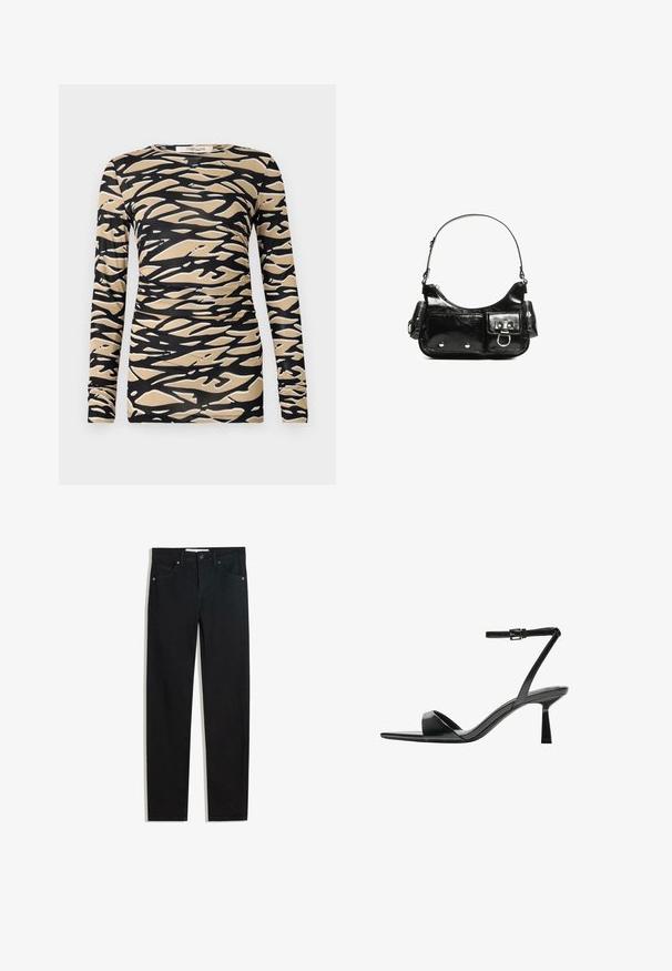 Långärmad topp med ett svart och beige abstrakt vågmönster på ett slätt, stretchigt tyg. Åtsittande design med rund halsringning och slimma ärmar.; Svarta denimbyxor med rak bendesign, fem fickor, metallknappstängning och subtila sömmar. Slät textur.; Bershka Sandaletter - black; Svart lackläderhandväska med en rundad form, en axelrem, framfickor och detaljer i silverfärg.