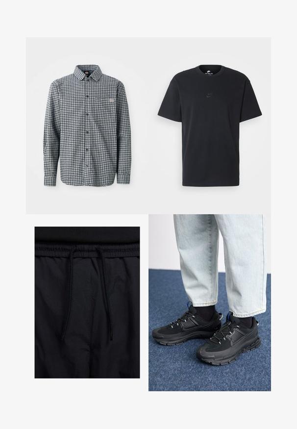 Long-sleeve black and white checkered button-up shirt with collar and small logo patch on the left chest pocket.; Nike black cotton t-shirt with a classic crew neck, short sleeves, and a subtle, embossed logo on the chest. Smooth texture.; Black shorts featuring a drawstring waistband, lightweight fabric with a smooth texture, and a simple design without visible logos or patterns.; Black athletic shoes with textured fabric and rubber soles, featuring elastic laces and a blue accent on the heel. Worn with light denim pants.